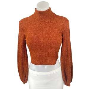 Hyfve Rust Brown Turtleneck Long Balloon Sleeve Knit Cropped Sweater Top Size S